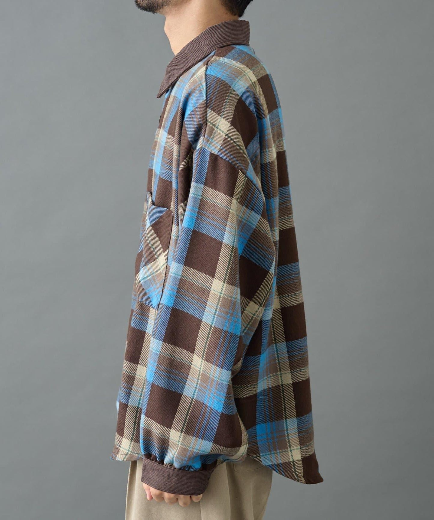 先染格子袖部褶皺寬鬆襯衫