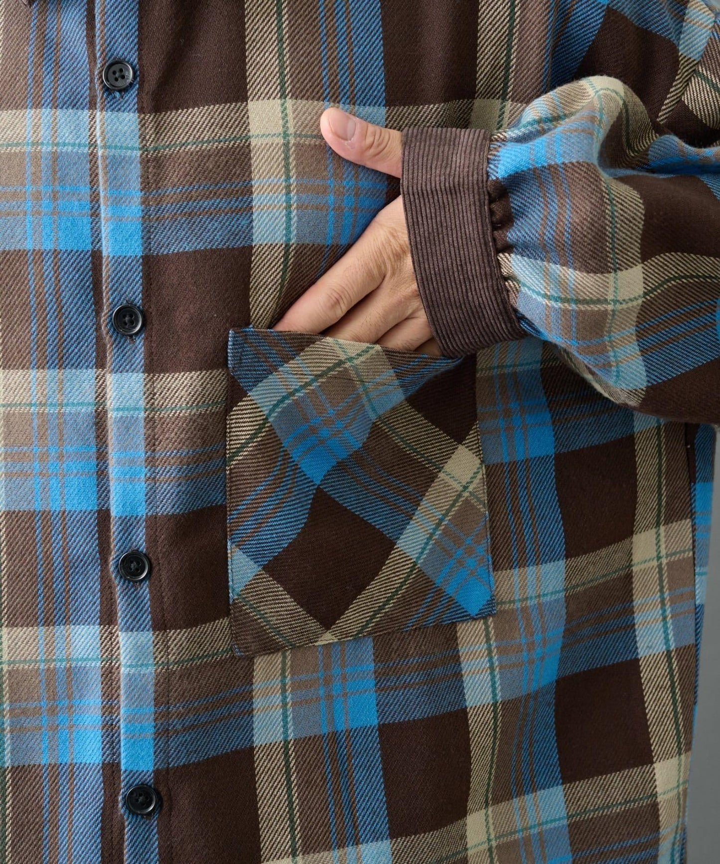 先染格子袖部褶皺寬鬆襯衫