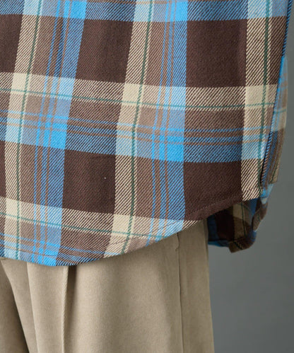 先染格子袖部褶皺寬鬆襯衫