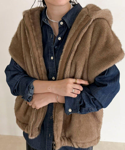 仿皮草連帽馬甲