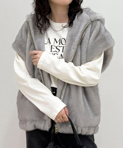 仿皮草連帽馬甲