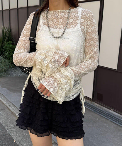 袖部層疊褶皺蕾絲上衣
