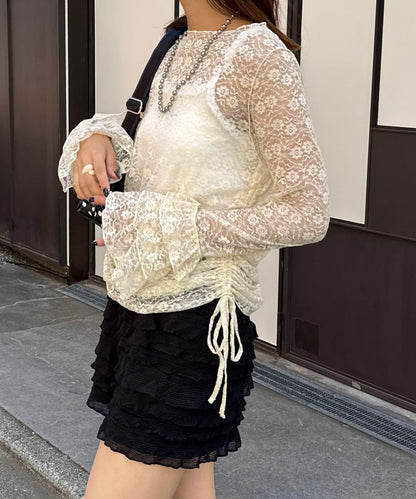 袖部層疊褶皺蕾絲上衣