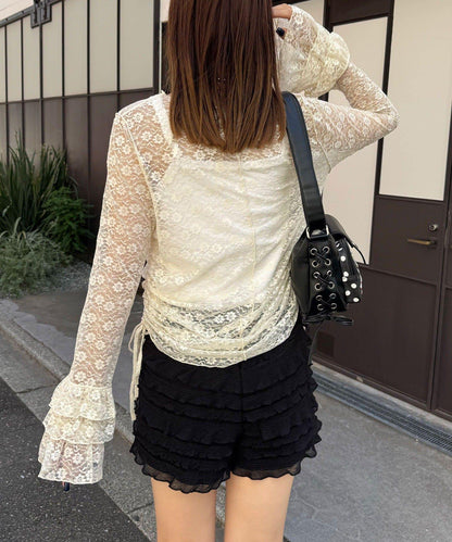 袖部層疊褶皺蕾絲上衣