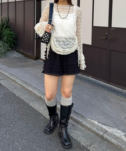 袖部層疊褶皺蕾絲上衣