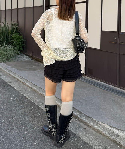 袖部層疊褶皺蕾絲上衣