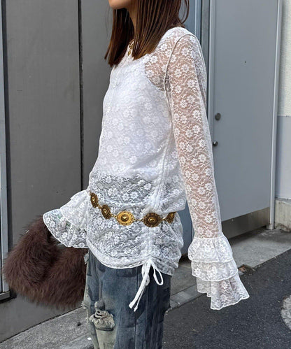 袖部層疊褶皺蕾絲上衣