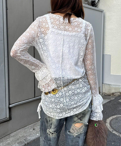 袖部層疊褶皺蕾絲上衣