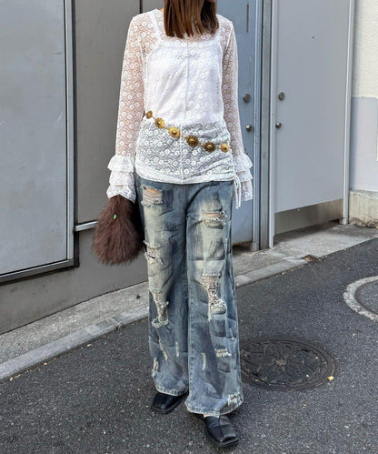 袖部層疊褶皺蕾絲上衣