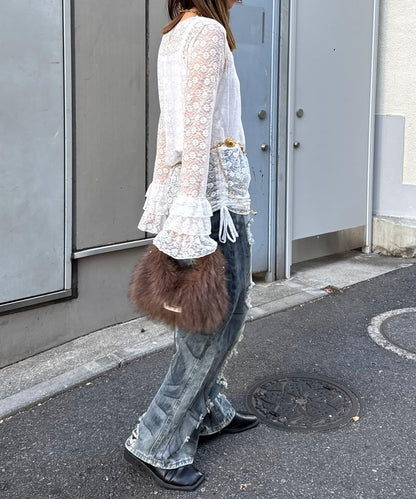 袖部層疊褶皺蕾絲上衣