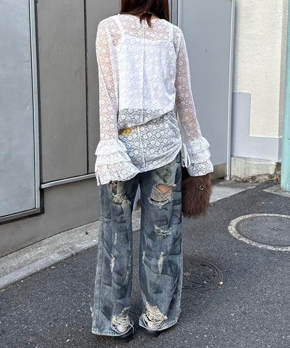 袖部層疊褶皺蕾絲上衣