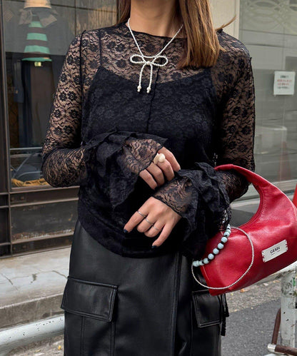 袖部層疊褶皺蕾絲上衣