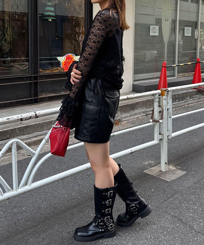 袖部層疊褶皺蕾絲上衣