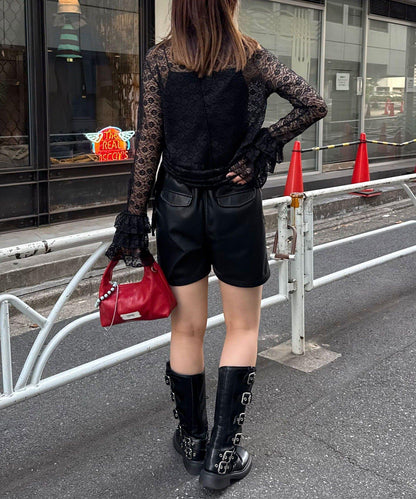 袖部層疊褶皺蕾絲上衣