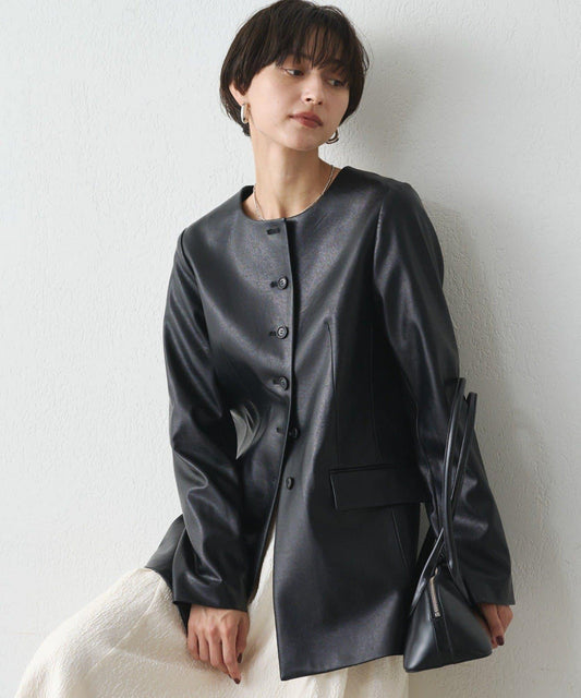 無領仿皮夾克