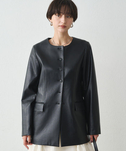 無領仿皮夾克
