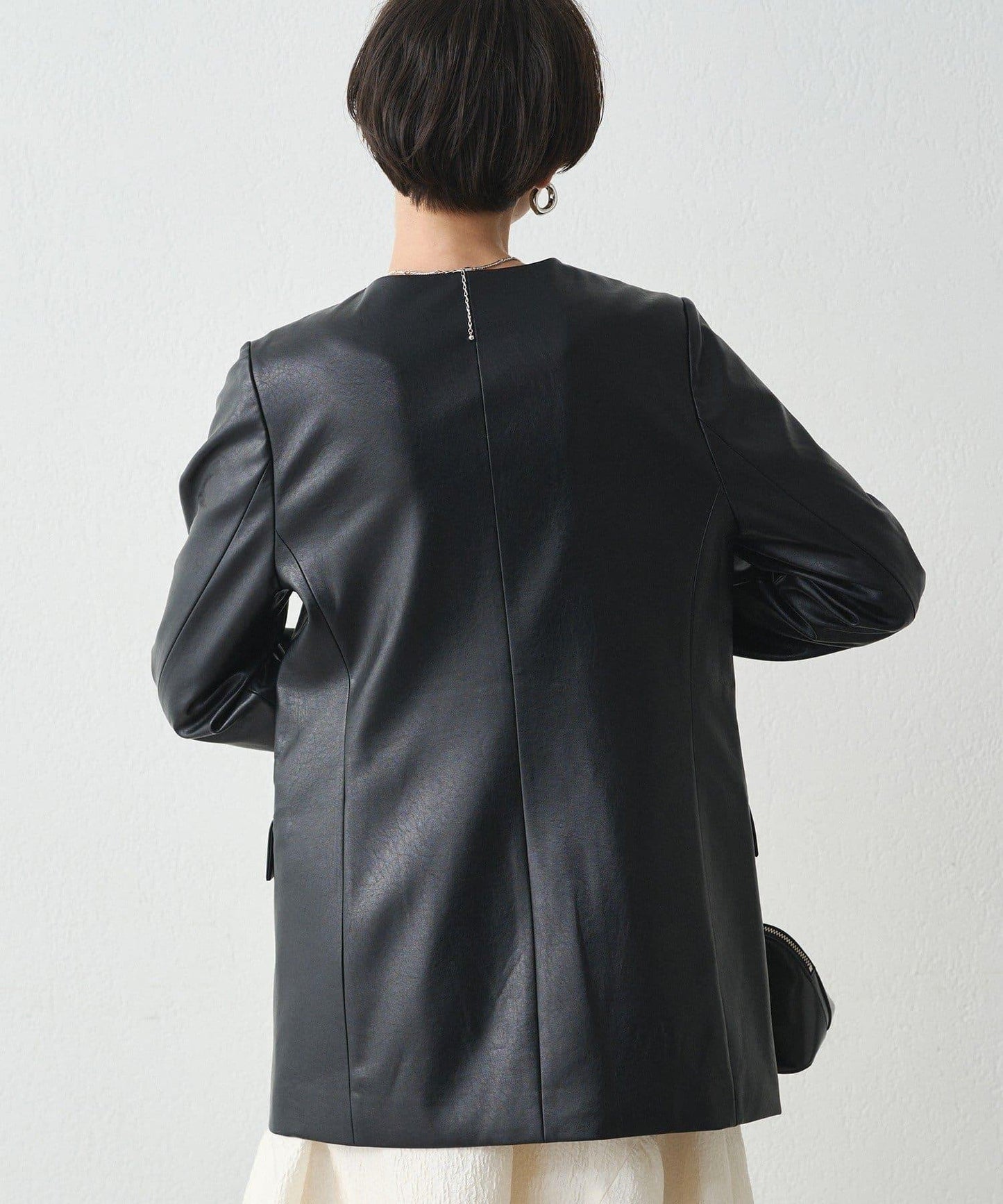 無領仿皮夾克