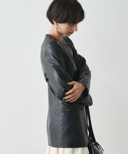 無領仿皮夾克