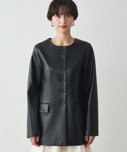 無領仿皮夾克