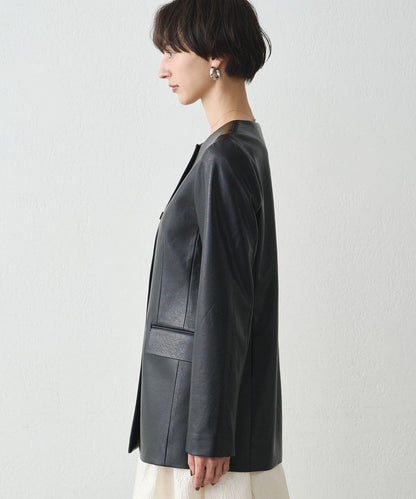 無領仿皮夾克