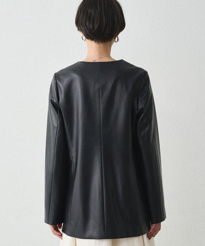 無領仿皮夾克