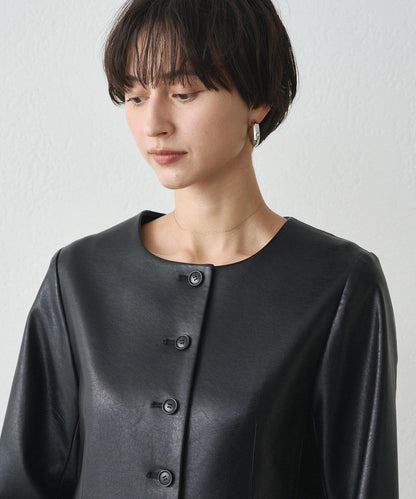 無領仿皮夾克