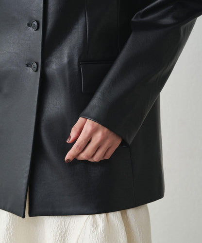 無領仿皮夾克