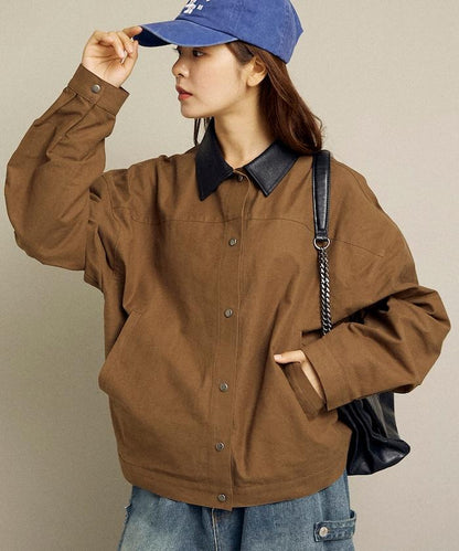 仿皮革帶領輕薄外套