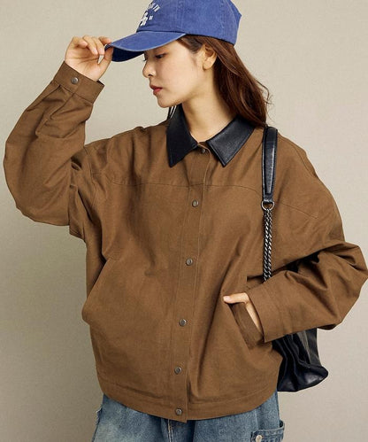 仿皮革帶領輕薄外套