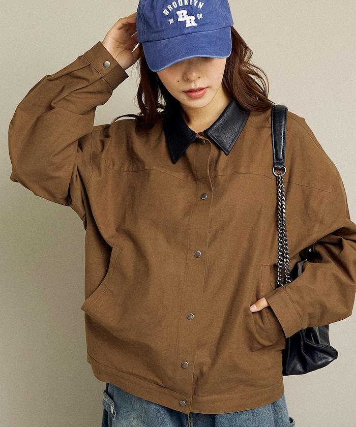 仿皮革帶領輕薄外套