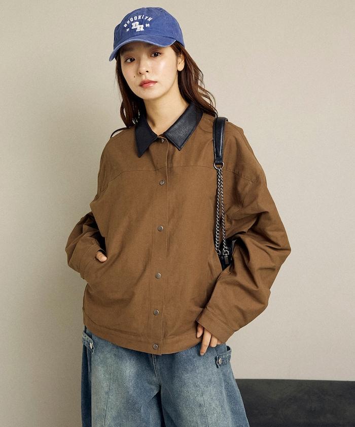 仿皮革帶領輕薄外套