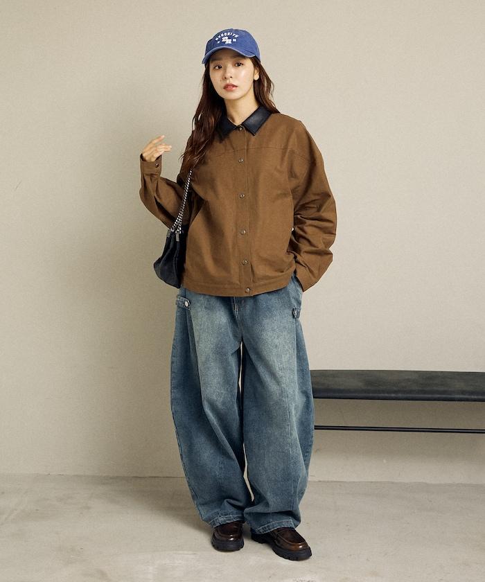 仿皮革帶領輕薄外套