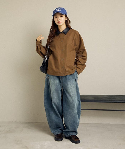 仿皮革帶領輕薄外套