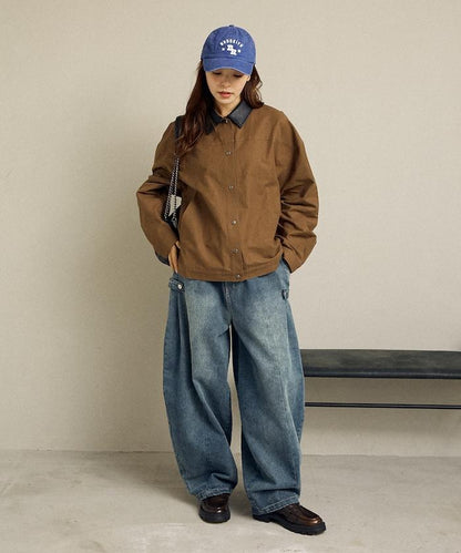 仿皮革帶領輕薄外套