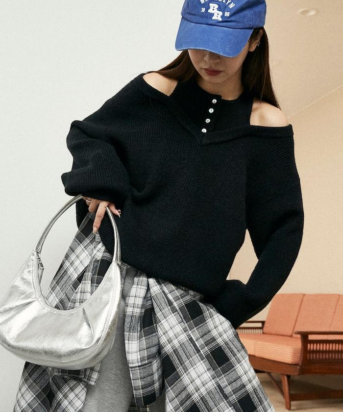 背心疊穿風格亨利領開口針織套頭衫