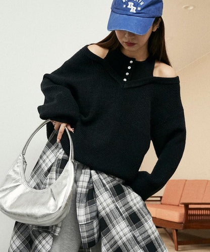 背心疊穿風格亨利領開口針織套頭衫