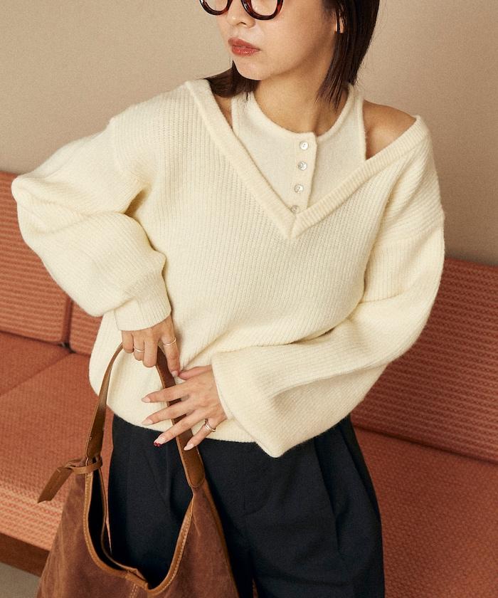 背心疊穿風格亨利領開口針織套頭衫