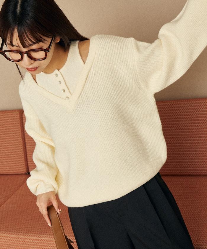 背心疊穿風格亨利領開口針織套頭衫