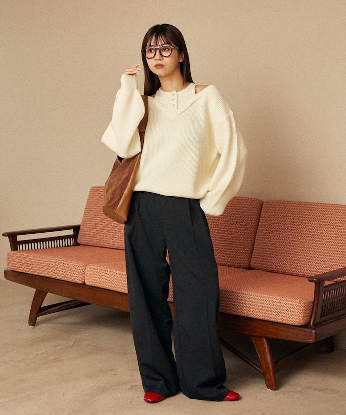 背心疊穿風格亨利領開口針織套頭衫