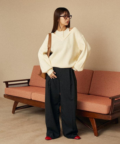 背心疊穿風格亨利領開口針織套頭衫