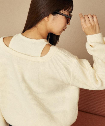 背心疊穿風格亨利領開口針織套頭衫