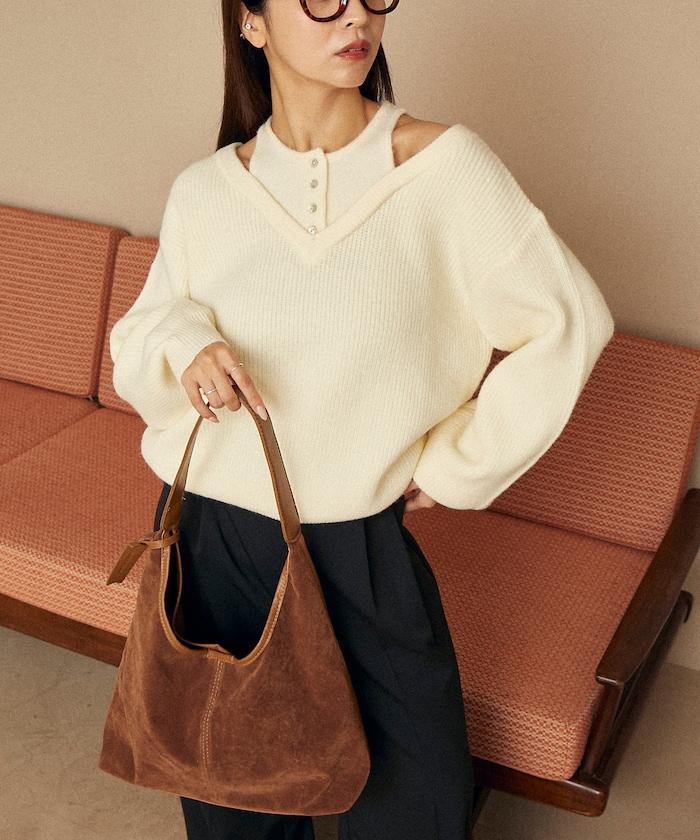 背心疊穿風格亨利領開口針織套頭衫