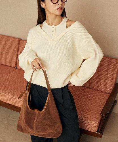 背心疊穿風格亨利領開口針織套頭衫