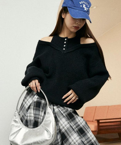 背心疊穿風格亨利領開口針織套頭衫