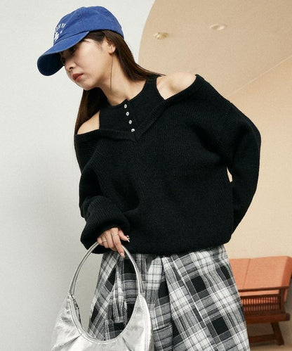 背心疊穿風格亨利領開口針織套頭衫