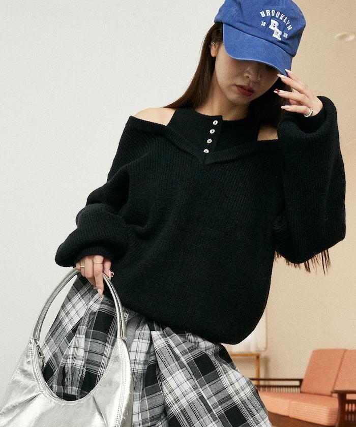 背心疊穿風格亨利領開口針織套頭衫