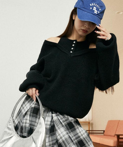 背心疊穿風格亨利領開口針織套頭衫