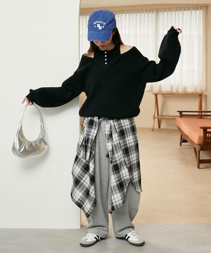 背心疊穿風格亨利領開口針織套頭衫