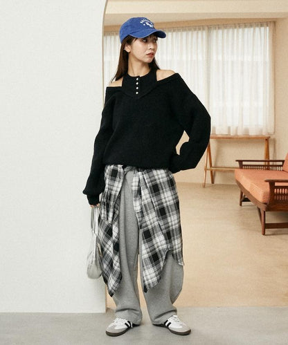 背心疊穿風格亨利領開口針織套頭衫