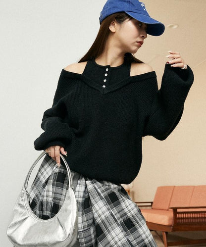 背心疊穿風格亨利領開口針織套頭衫